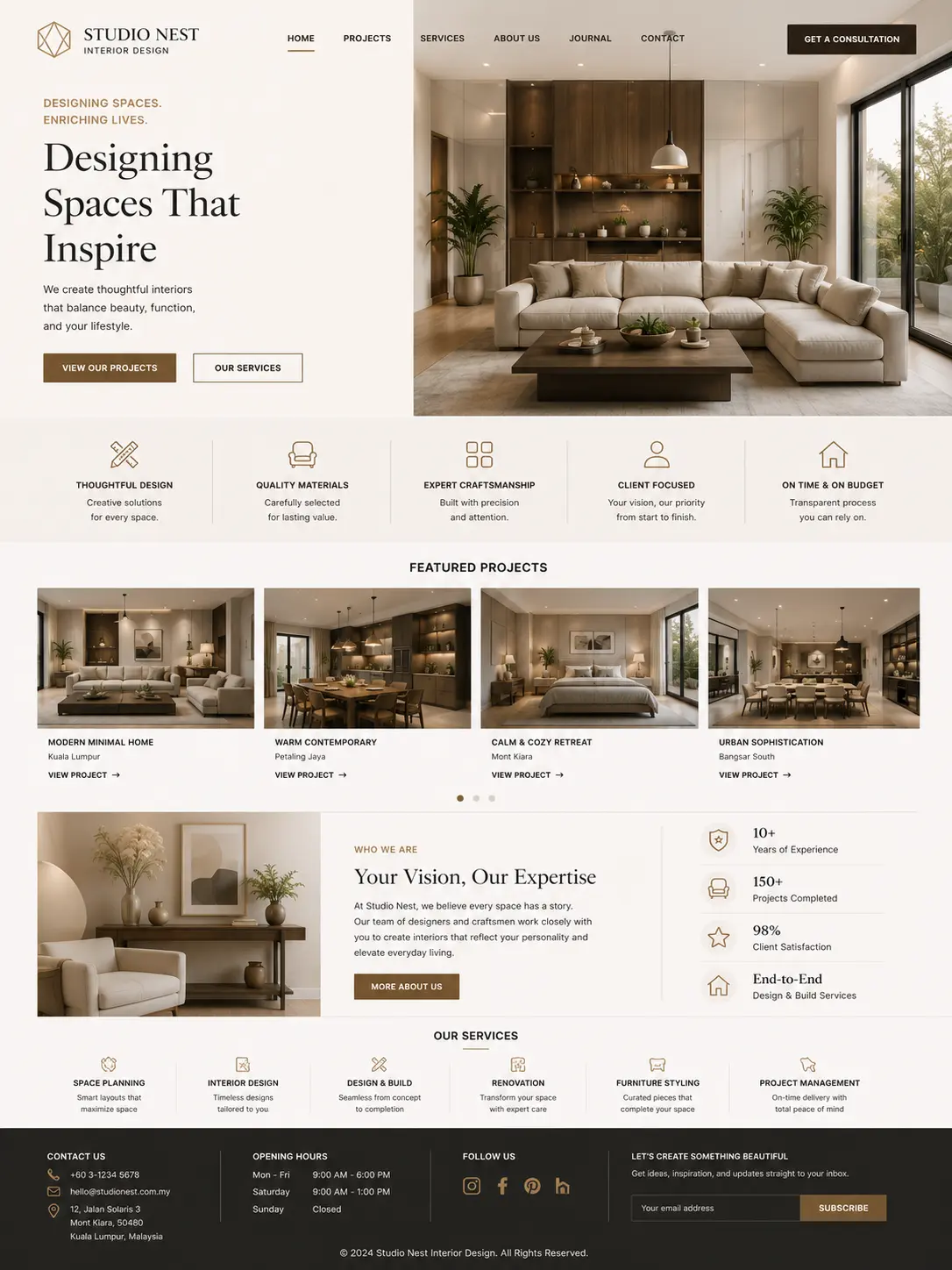 Studio Nest interior design homepage overview