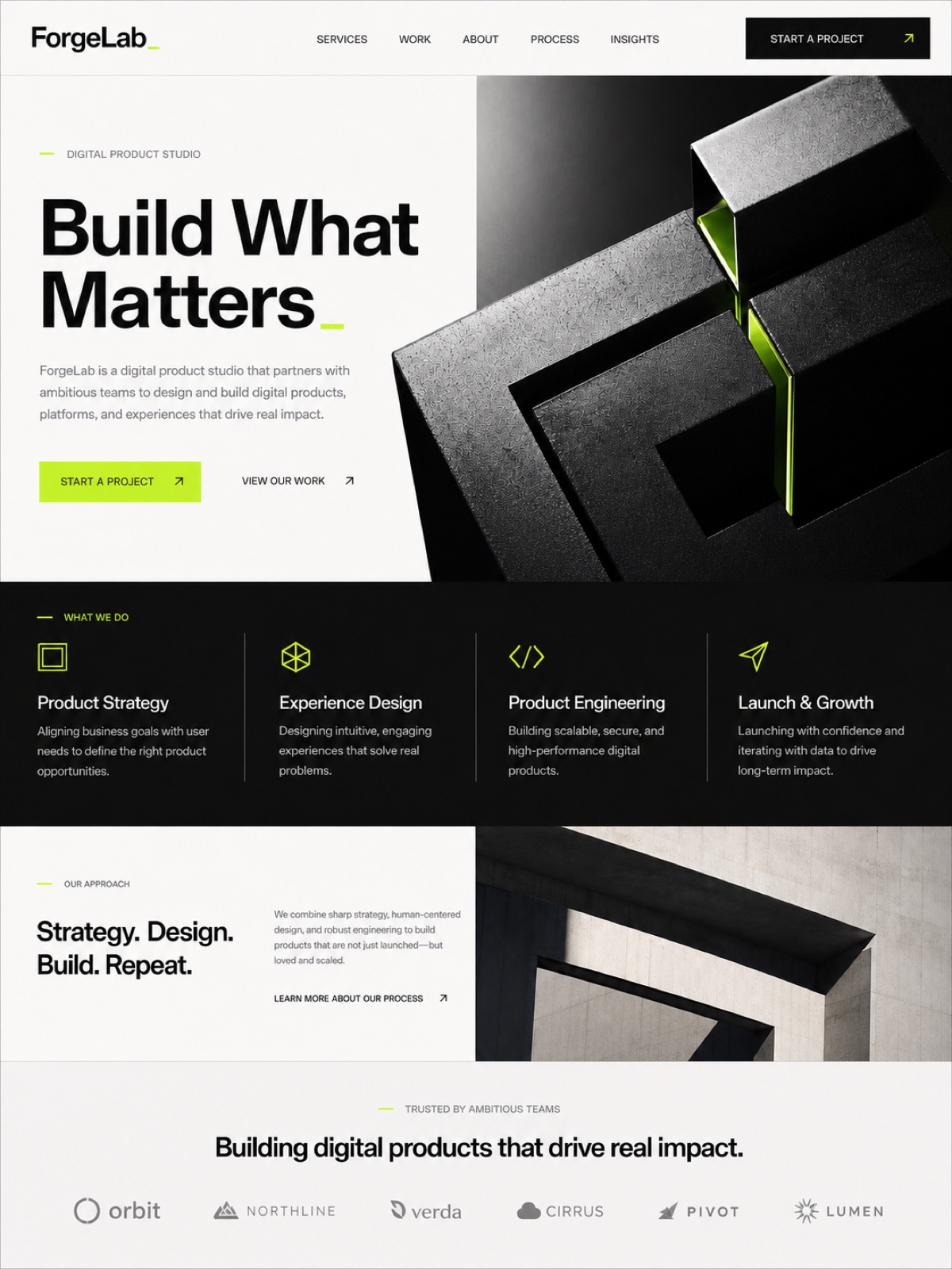 ForgeLab website concept showing a refined product studio homepage